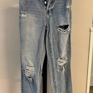 PacSun Womens High Rise Straight Jeans Sz 24 Denim Distressed Button Fly Raw Hem
